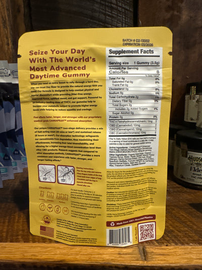 Back of a gummy supplement package with nutrition facts and description.