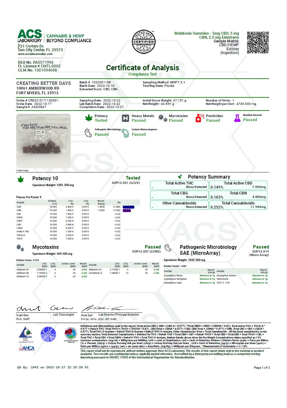 Cannabis certificate of analysis document showing test results and compliance information.